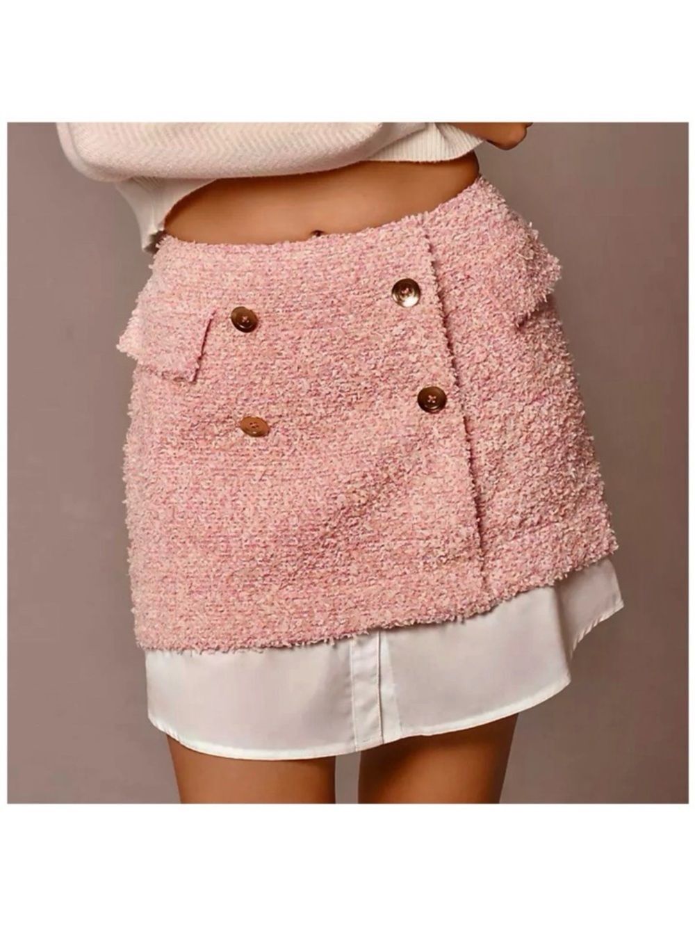 Anthropologie Maeve Tweed Button-Front Layered Mini Skirt Pink | Size 10 | NWT